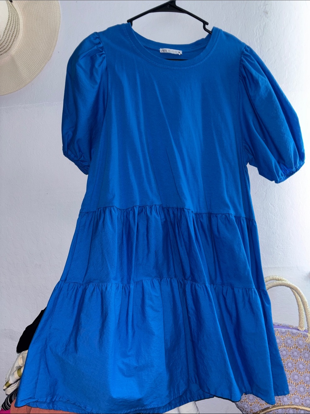Blue Puff-Sleeve Tiered Dress - Unbranded
